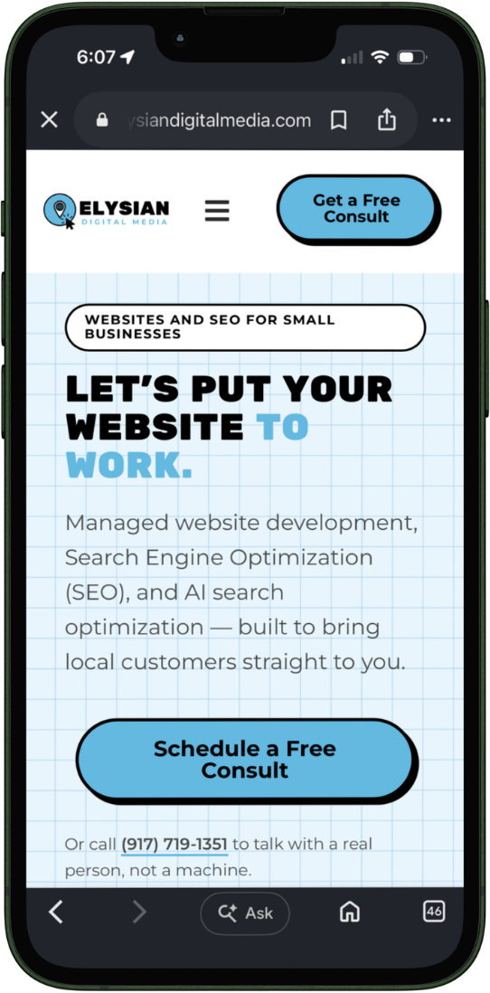 The Elysian Digital Media website shown on a mobile phone browser