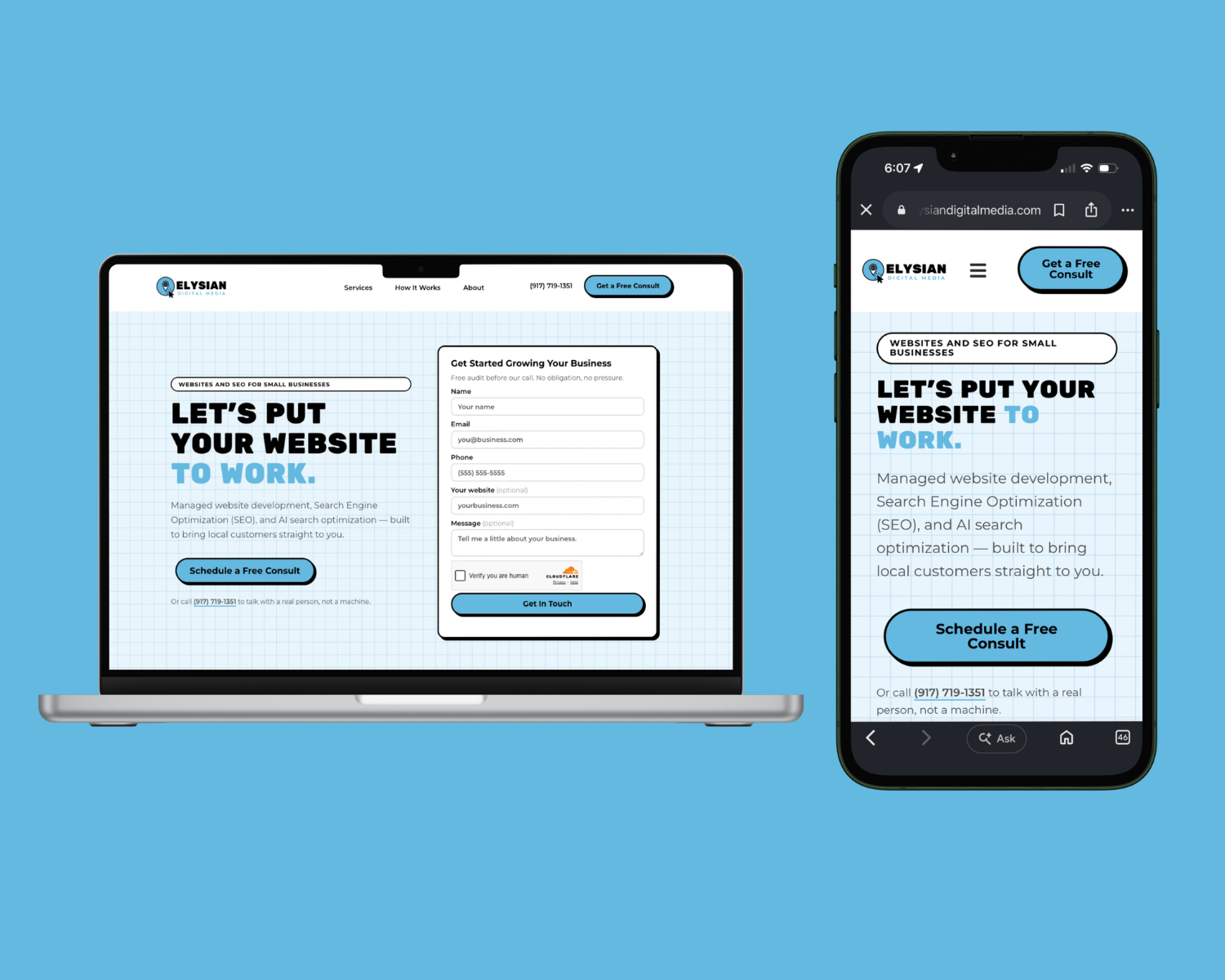 Placeholder preview of an Elysian Digital Media website on laptop and phone