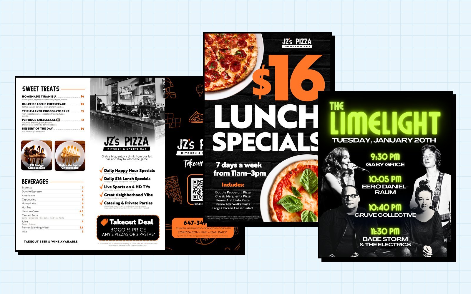 Content and graphic design samples: takeout menu, lunch specials board, and a Limelight social post