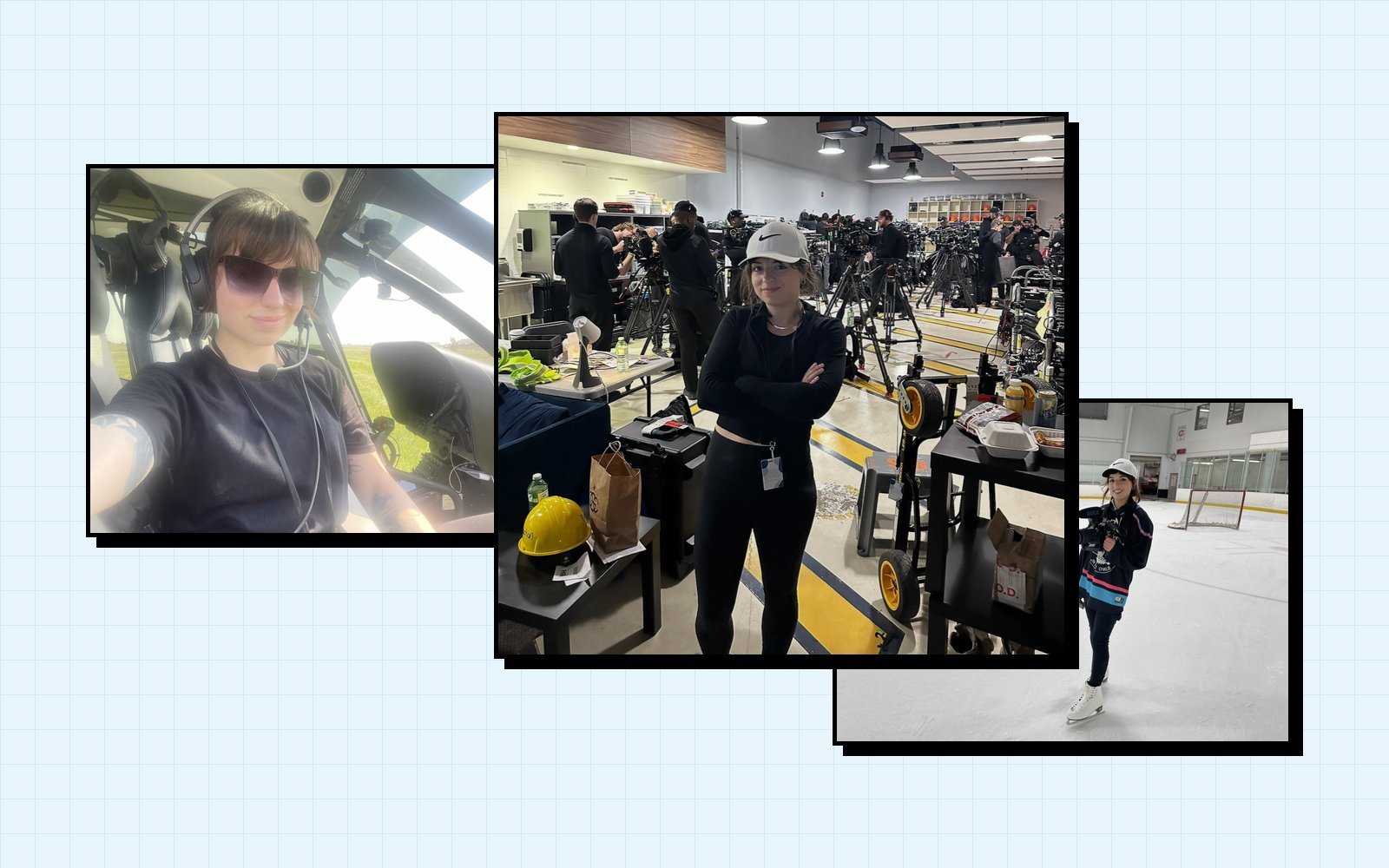 Video production photos from MrBeast shoots: helicopter, production floor, and ice rink