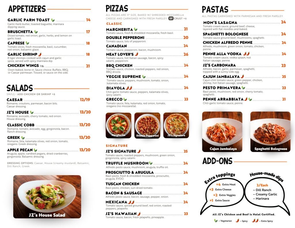 JZ's Pizza Takeout Menu: Inside