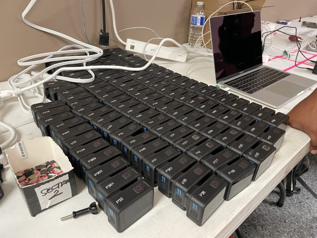 Rows of charged camera batteries prepped for a shoot day