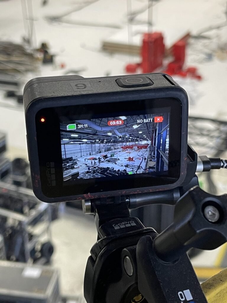 An action camera rigged and recording on set